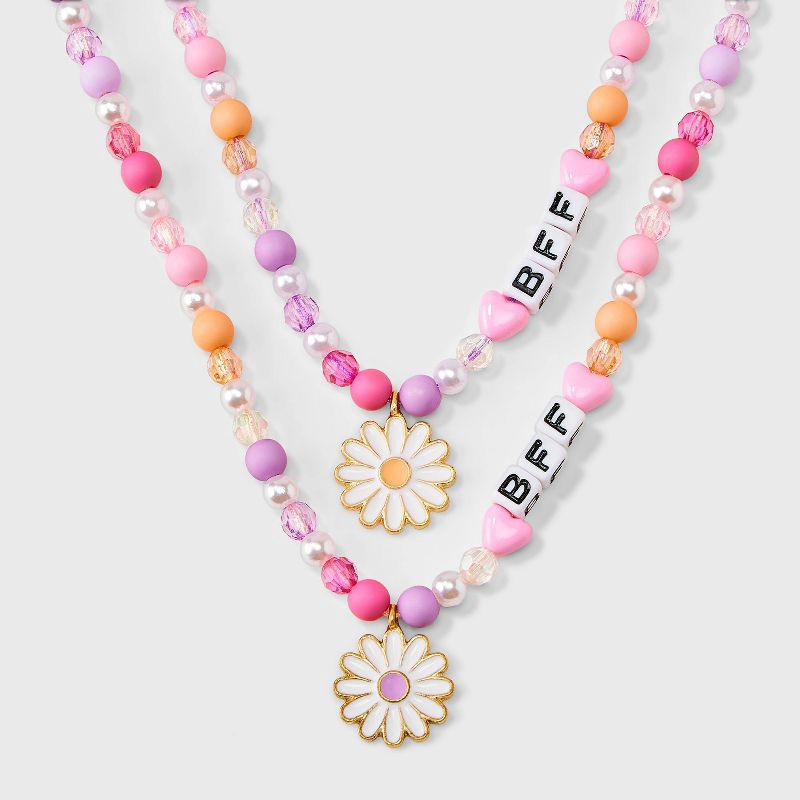 slide 1 of 3, Girls' 2pk BFF with Daisy Charms Necklace Set - Cat & Jack™️: Lobster Claw Clasp, 3 Inch Extender, 2 ct