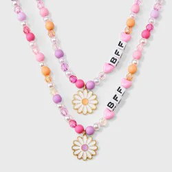 Girls&#x27; 2pk BFF with Daisy Charms Necklace Set - Cat &amp; Jack™️: Lobster Claw Clasp, 3 Inch Extender