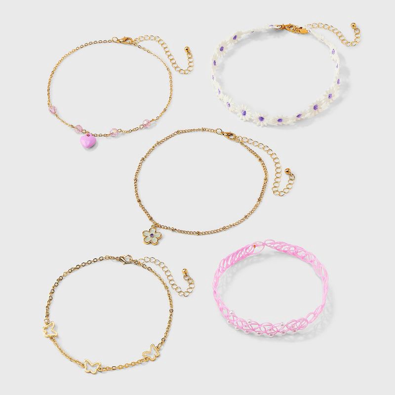 slide 2 of 3, Girls' 5pk Flowers and Butterflies Necklace Set - Cat & Jack™️: Choker Style, Acrylic, Zinc Alloy, 5 ct