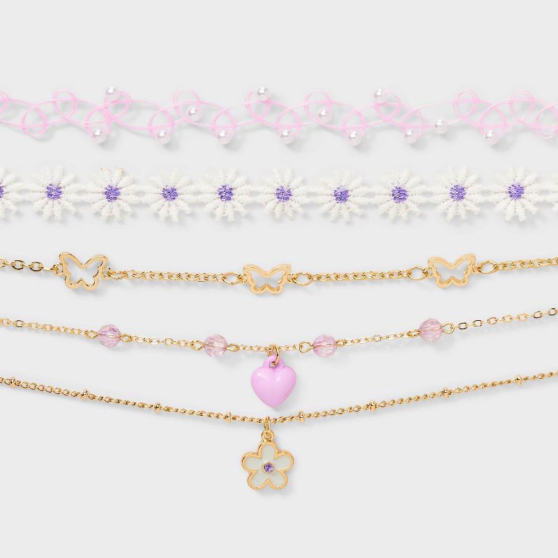 slide 1 of 3, Girls' 5pk Flowers and Butterflies Necklace Set - Cat & Jack™️: Choker Style, Acrylic, Zinc Alloy, 5 ct