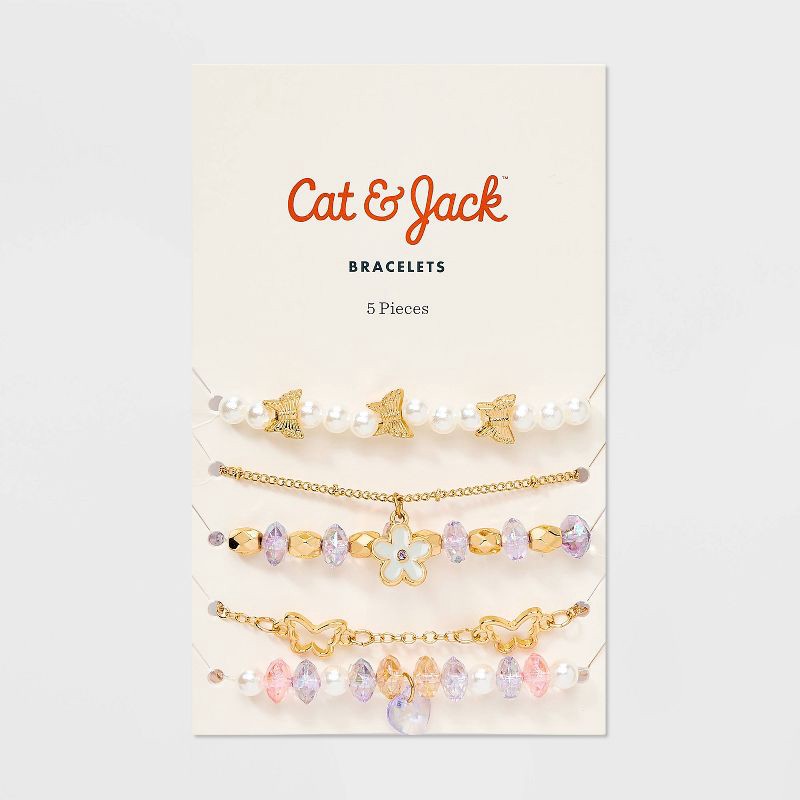 slide 2 of 3, Girls' 5pk Flowers and Butterflies Bracelet Set - Cat & Jack™️ Gold/Purple: Beaded, Chain, Stretch Styles, 5 ct
