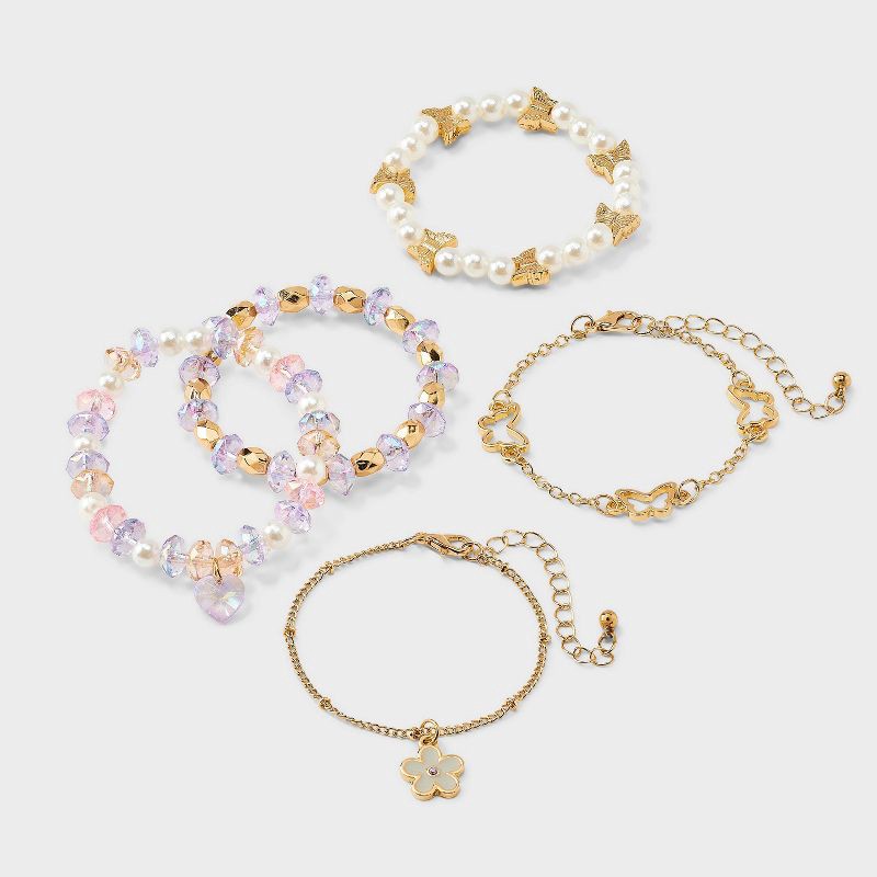 slide 1 of 3, Girls' 5pk Flowers and Butterflies Bracelet Set - Cat & Jack™️ Gold/Purple: Beaded, Chain, Stretch Styles, 5 ct