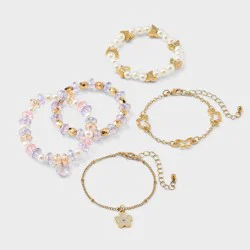 Girls&#x27; 5pk Flowers and Butterflies Bracelet Set - Cat &amp; Jack™️ Gold/Purple: Beaded, Chain, Stretch Styles
