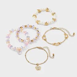 Girls' 5pk Flowers and Butterflies Bracelet Set - Cat & Jack™️ Gold/Purple: Beaded, Chain, Stretch Styles