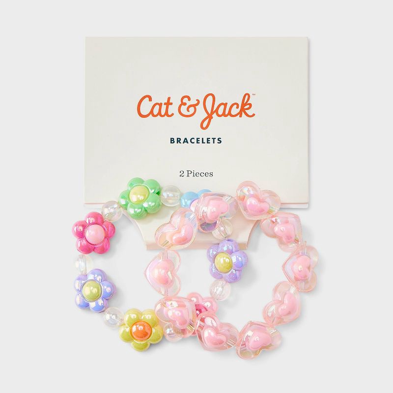 slide 2 of 3, Girls' 2pk Flowers and Hearts with Beads Stretch Bracelet Set - Cat & Jack™️: Acrylic, Pull-On, 3 Years and Up, 2 ct