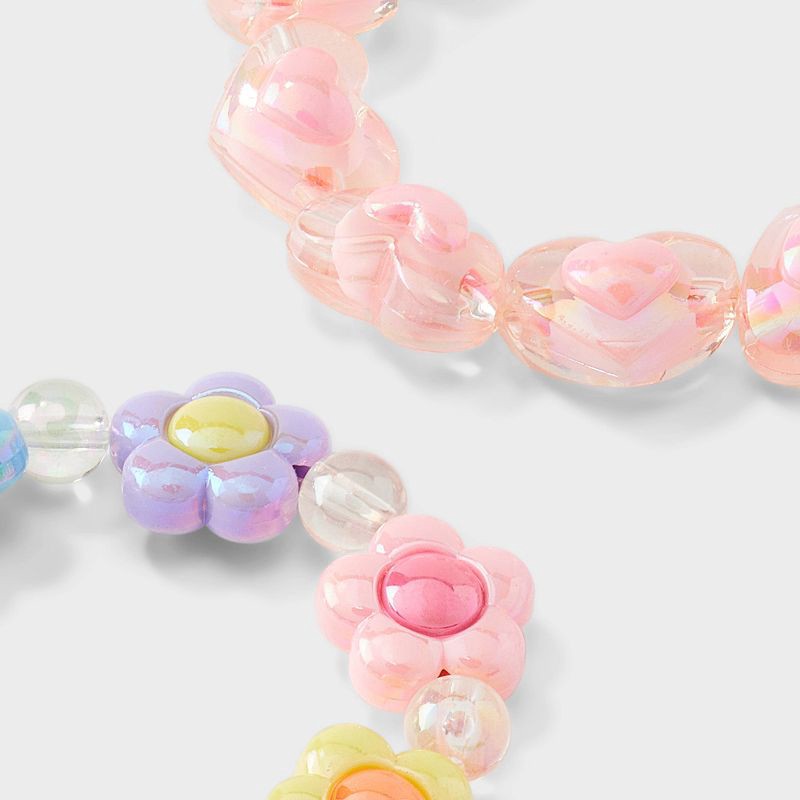 slide 3 of 3, Girls' 2pk Flowers and Hearts with Beads Stretch Bracelet Set - Cat & Jack™️: Acrylic, Pull-On, 3 Years and Up, 2 ct