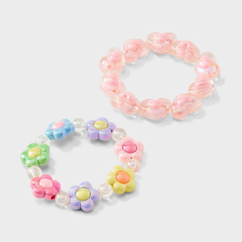 slide 1 of 3, Girls' 2pk Flowers and Hearts with Beads Stretch Bracelet Set - Cat & Jack™️: Acrylic, Pull-On, 3 Years and Up, 2 ct