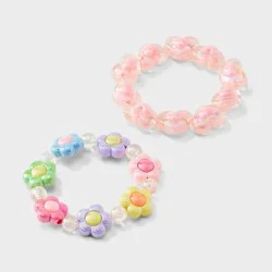 Girls' 2pk Flowers and Hearts with Beads Stretch Bracelet Set - Cat & Jack™️: Acrylic, Pull-On, 3 Years and Up