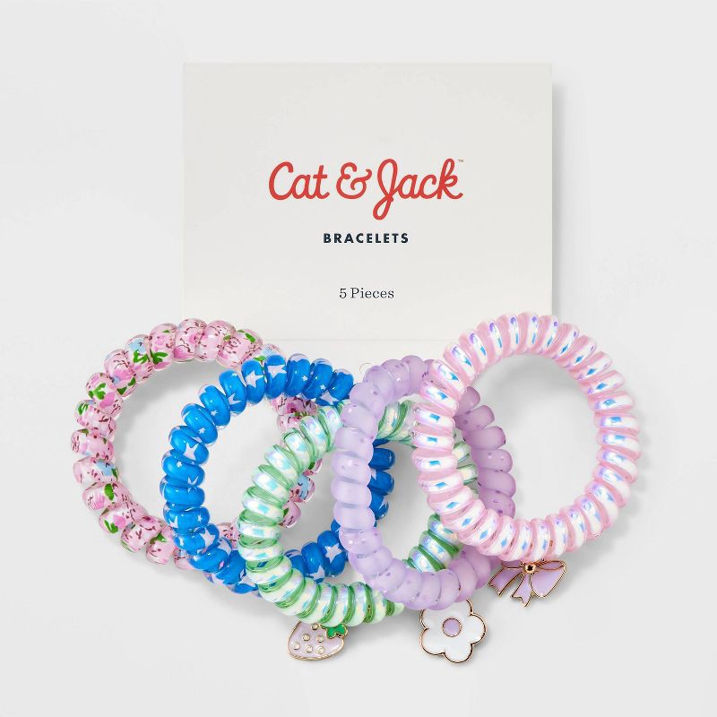 slide 2 of 3, Girls' 5pk Phone Cord with Strawberry and Bow Charms Bracelet Set - Cat & Jack™️: Stretchable, Pull-On, Iron, Acrylic, Zinc Alloy, 5 ct