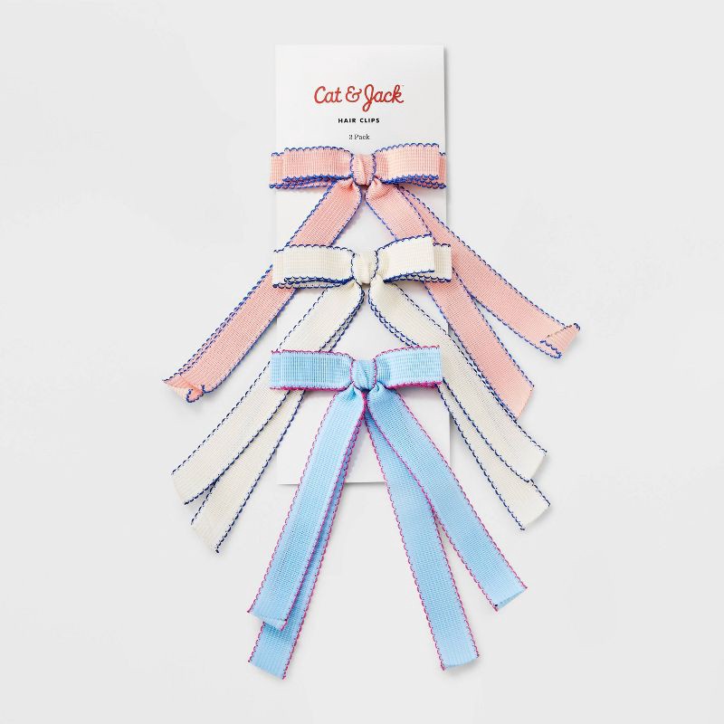 slide 2 of 4, Girls' 3pk Scallop Ribbon Bow Set - Cat & Jack™ Pink/White/Blue: Hair Styling Clips, Recycled Polyester, Solid Pattern, 3 ct