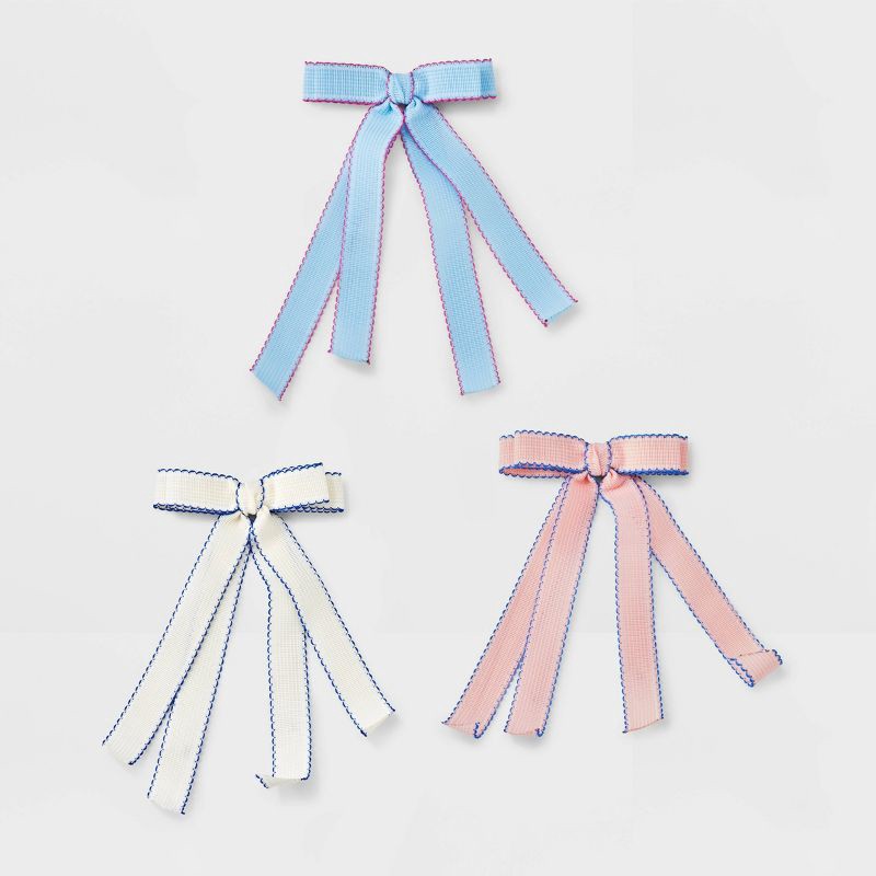 slide 1 of 4, Girls' 3pk Scallop Ribbon Bow Set - Cat & Jack™ Pink/White/Blue: Hair Styling Clips, Recycled Polyester, Solid Pattern, 3 ct
