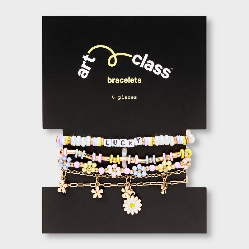 slide 2 of 3, Girls' 5pk Daisies Bracelet - art class™: Beaded, Chain, Stretch, Lobster Claw Clasp, 6.5" Length, 5 ct