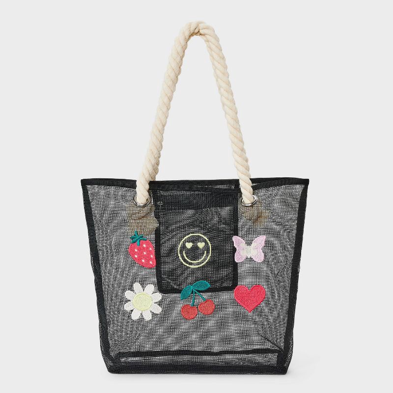 slide 1 of 4, Girls' Mesh with Icons Swim Tote - art class™ Black: Softside Handbag, Double Handle, Fruit & Animal Patterns, 1 ct