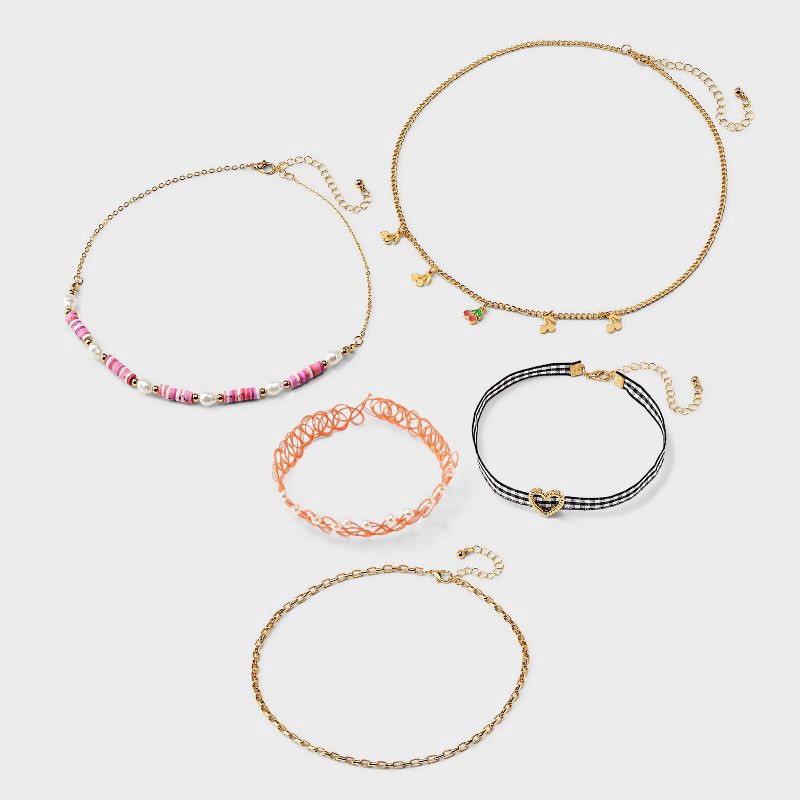 slide 3 of 3, Girls' 5pk Gingham and Cherries Necklace - art class™: Beaded, Chain, Choker Styles, Lobster Clasp, 5 ct