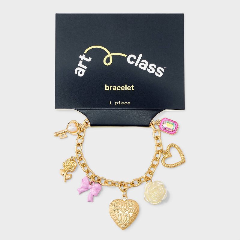 slide 2 of 4, Girls' Bow and Heart Locket Charms Bracelet - art class™ Gold: Lobster Claw Clasp, Iron & Zinc, Chain Style, 1 ct