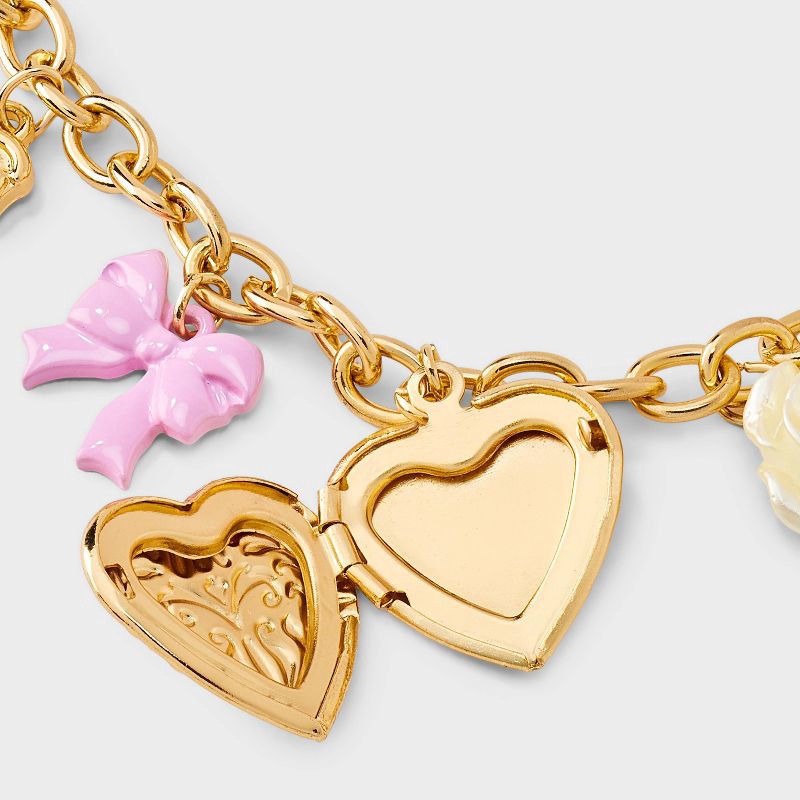 slide 3 of 4, Girls' Bow and Heart Locket Charms Bracelet - art class™ Gold: Lobster Claw Clasp, Iron & Zinc, Chain Style, 1 ct