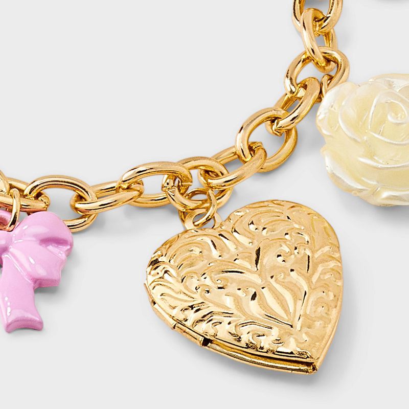 slide 4 of 4, Girls' Bow and Heart Locket Charms Bracelet - art class™ Gold: Lobster Claw Clasp, Iron & Zinc, Chain Style, 1 ct
