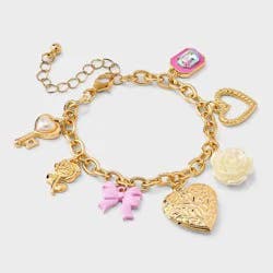 Girls' Bow and Heart Locket Charms Bracelet - art class™ Gold: Lobster Claw Clasp, Iron & Zinc, Chain Style