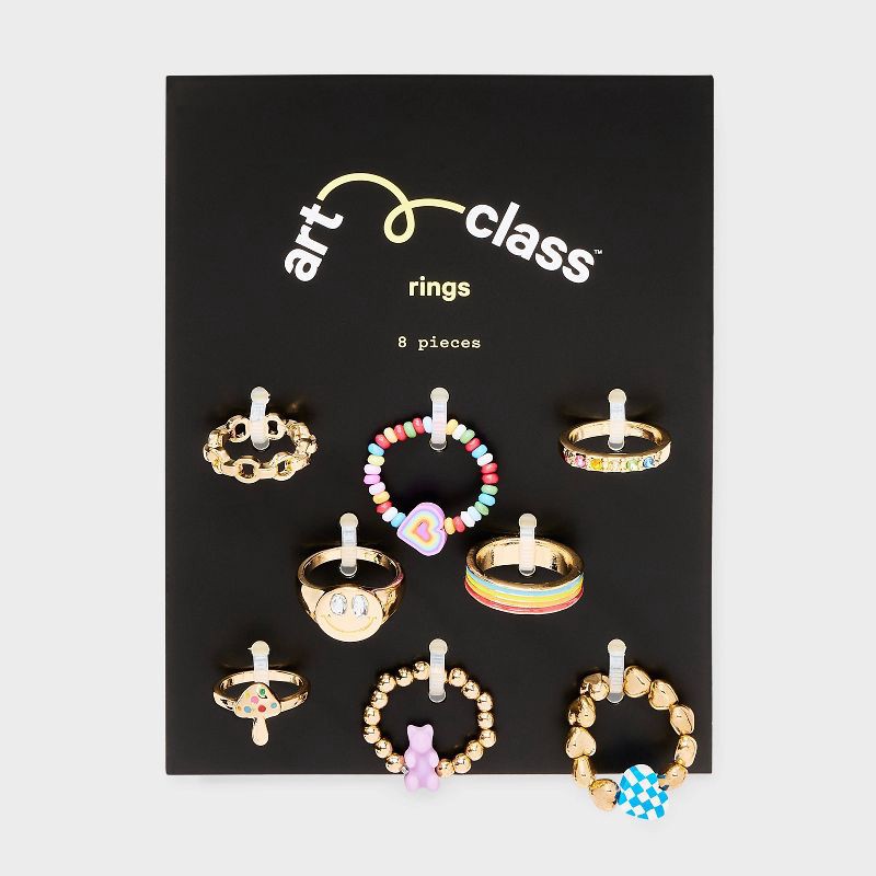 slide 2 of 3, Girls' 8pk Smiley Bear and Heart Ring- art class™: Acrylic Band Set, Size 5, 18mm Diameter, 8 ct