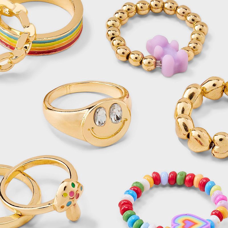 slide 3 of 3, Girls' 8pk Smiley Bear and Heart Ring- art class™: Acrylic Band Set, Size 5, 18mm Diameter, 8 ct