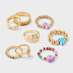 Girls' 8pk Smiley Bear and Heart Ring- art class™: Acrylic Band Set, Size 5, 18mm Diameter