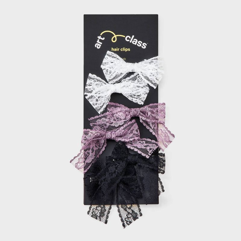 slide 2 of 4, Girls' 6pk Lace Bow Hair Clip Set - art class™ Pink/White/Black: Fashion Salon Clips, Recycled Polyester, 6 ct