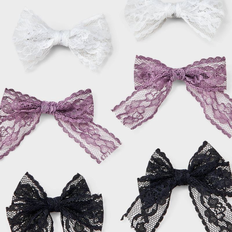 slide 4 of 4, Girls' 6pk Lace Bow Hair Clip Set - art class™ Pink/White/Black: Fashion Salon Clips, Recycled Polyester, 6 ct