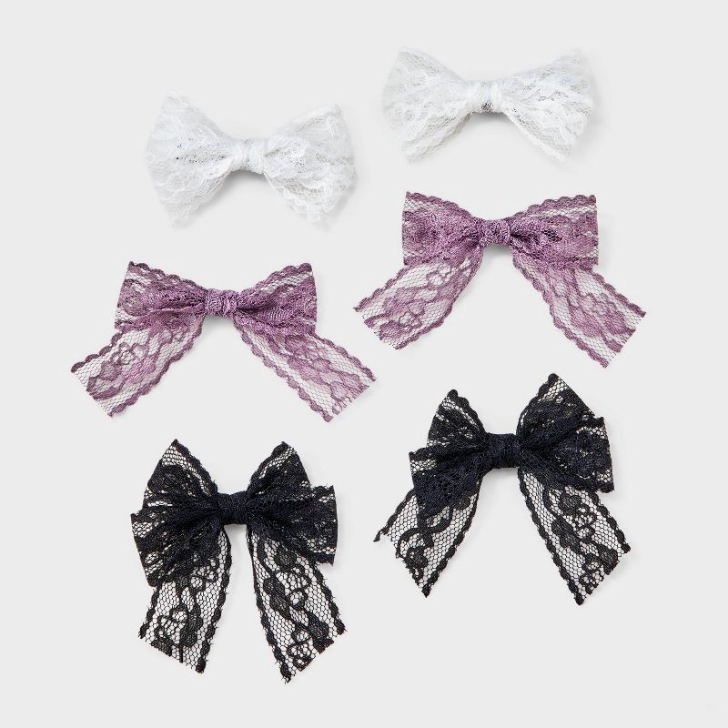 slide 1 of 4, Girls' 6pk Lace Bow Hair Clip Set - art class™ Pink/White/Black: Fashion Salon Clips, Recycled Polyester, 6 ct