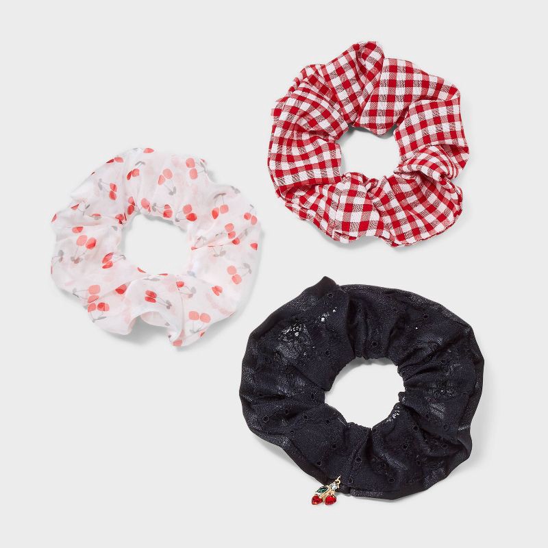 slide 1 of 3, Girls' 3pk Gingham and Cherry Hair Twisters - art class™ Red: Fashion Elastic for All Hair Types, Ages 10-12, Polyester, 3 ct