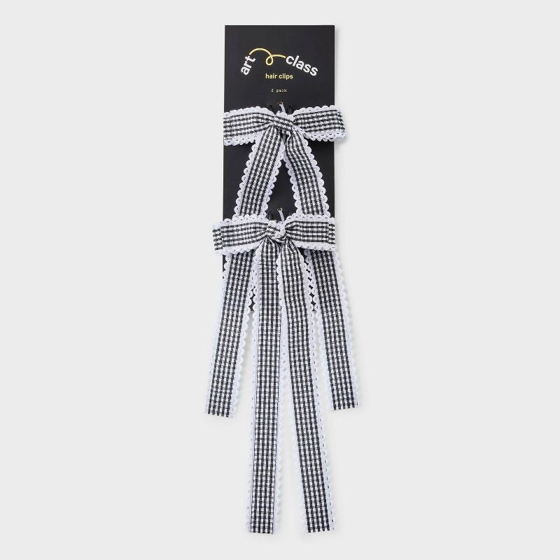 slide 2 of 4, Girls' 2pk Gingham Bow Claw Clip Set - art class™ Black/White: Classic Pattern Hair Styling Accessory, All Hair Types, 2 ct