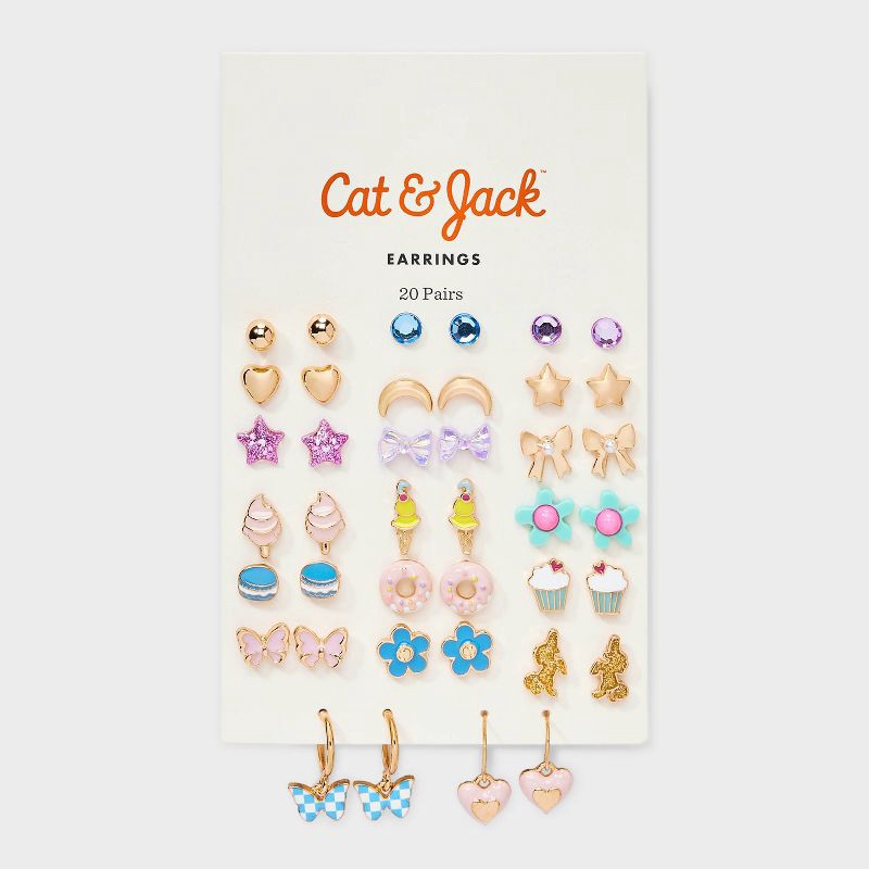 slide 2 of 3, Girls' 20pk Foods Earring Set - Cat & Jack™ Blue/Pink: Stud Earrings, Recycled Zinc, Acrylic, 20 ct