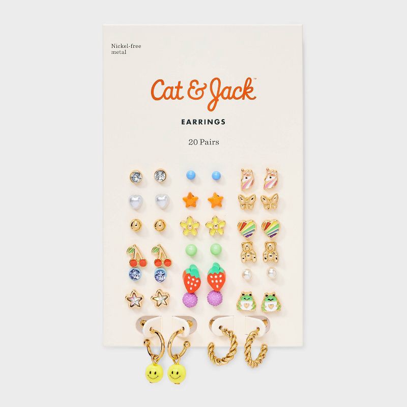 slide 2 of 3, Girls' 20k Bright Cherries and Smileys Earring Set - Cat & Jack™️: Nickel-Free Metal, Post Closure, Drop, Hoop, Stud Styles, 1 ct
