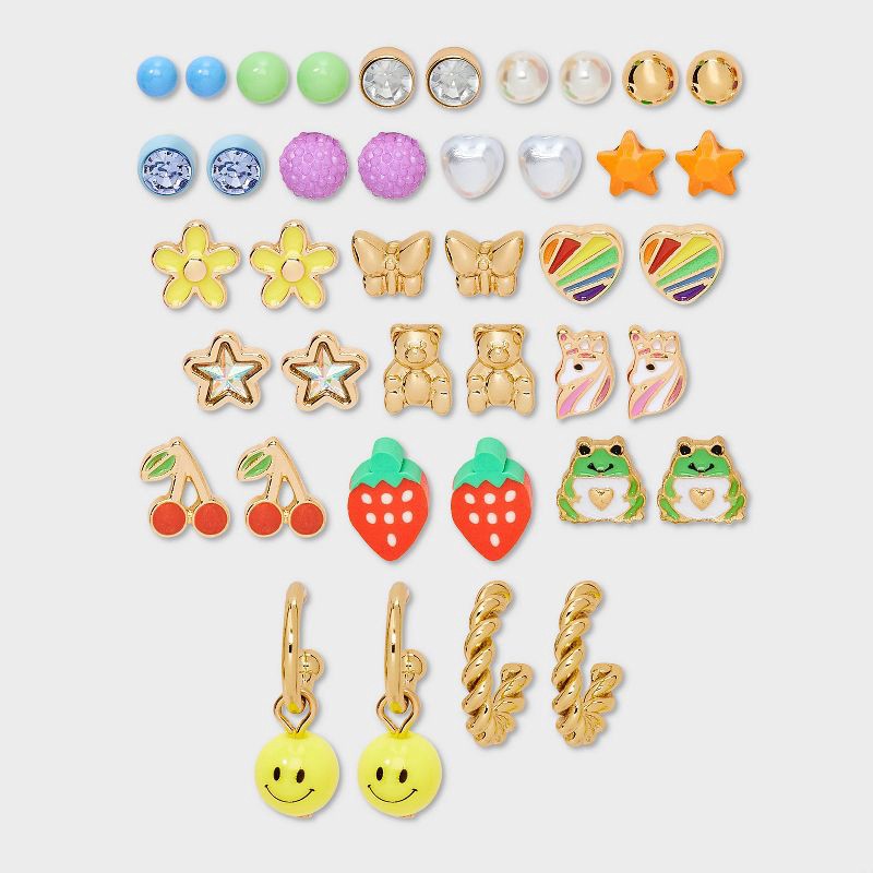 slide 1 of 3, Girls' 20k Bright Cherries and Smileys Earring Set - Cat & Jack™️: Nickel-Free Metal, Post Closure, Drop, Hoop, Stud Styles, 1 ct