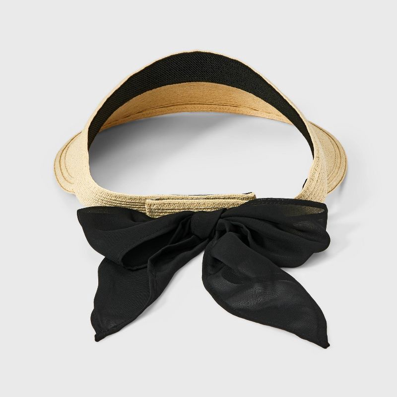 slide 3 of 5, Straw Visor Hat with Bow Detail - A New Day™ Off-White: Woven Sun Hat, Hook and Loop Fastener, 1 ct