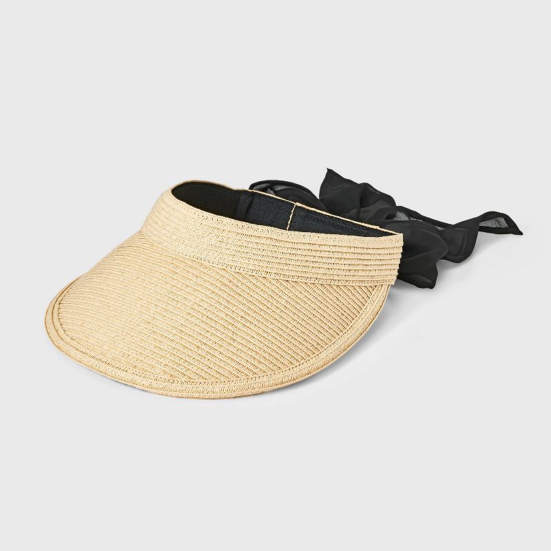 slide 1 of 5, Straw Visor Hat with Bow Detail - A New Day™ Off-White: Woven Sun Hat, Hook and Loop Fastener, 1 ct