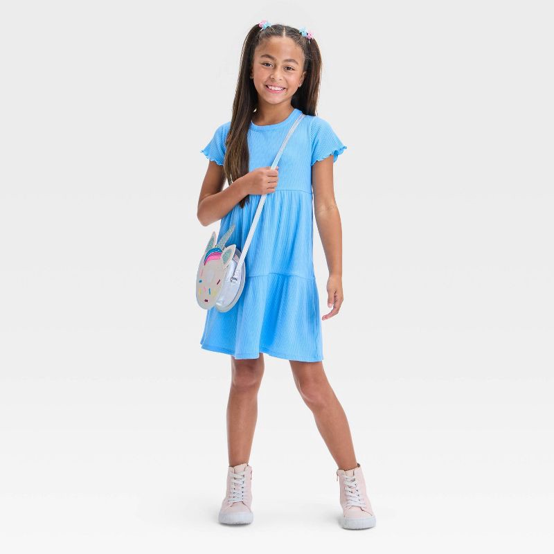 slide 3 of 3, Girls' Short Sleeve Tiered Ribbed Dress - Cat & Jack™ Sky Blue S: Lightweight Crew Neck, 1 ct