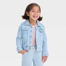 Toddler Girls' Light Wash Denim Jacket - Cat & Jack™ Light Wash 5T: Midweight Cotton Blend, Front Snap, Faux Pocket Design