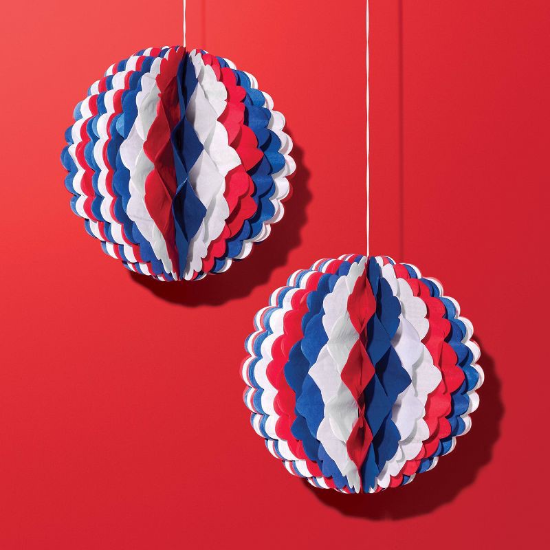 slide 2 of 3, 2ct Hanging Round Honeycomb Dangler Party Decorations Red White and Blue - Sun Squad™, 2 ct