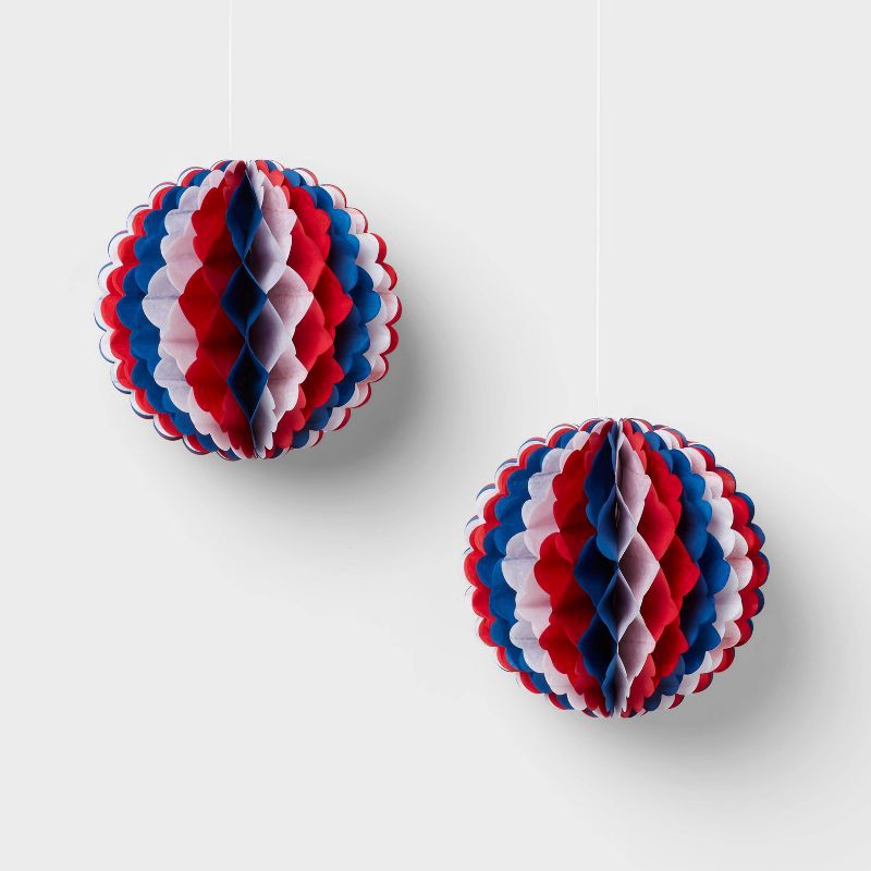 slide 1 of 3, 2ct Hanging Round Honeycomb Dangler Party Decorations Red White and Blue - Sun Squad™, 2 ct