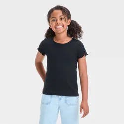 Girls' Short Sleeve Ribbed T-Shirt - Cat & Jack™ Black S: Crew Neck, Pullover