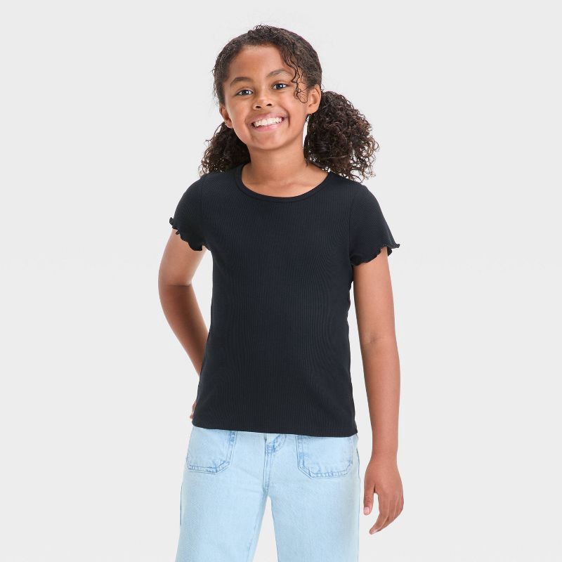 slide 1 of 3, Girls' Short Sleeve Ribbed T-Shirt - Cat & Jack™ Black M: Cotton Blend, Crew Neck, Pullover, Machine Washable, 1 ct