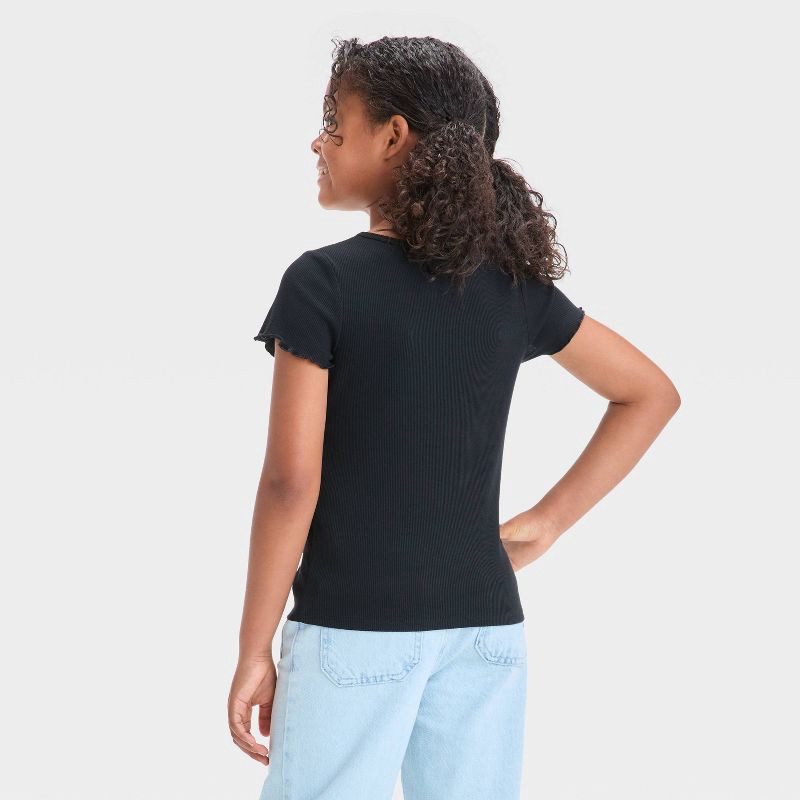 slide 2 of 3, Girls' Short Sleeve Ribbed T-Shirt - Cat & Jack™ Black XL: Cotton Blend, Recycled Polyester, Spandex, Crew Neck, Pullover, 1 ct