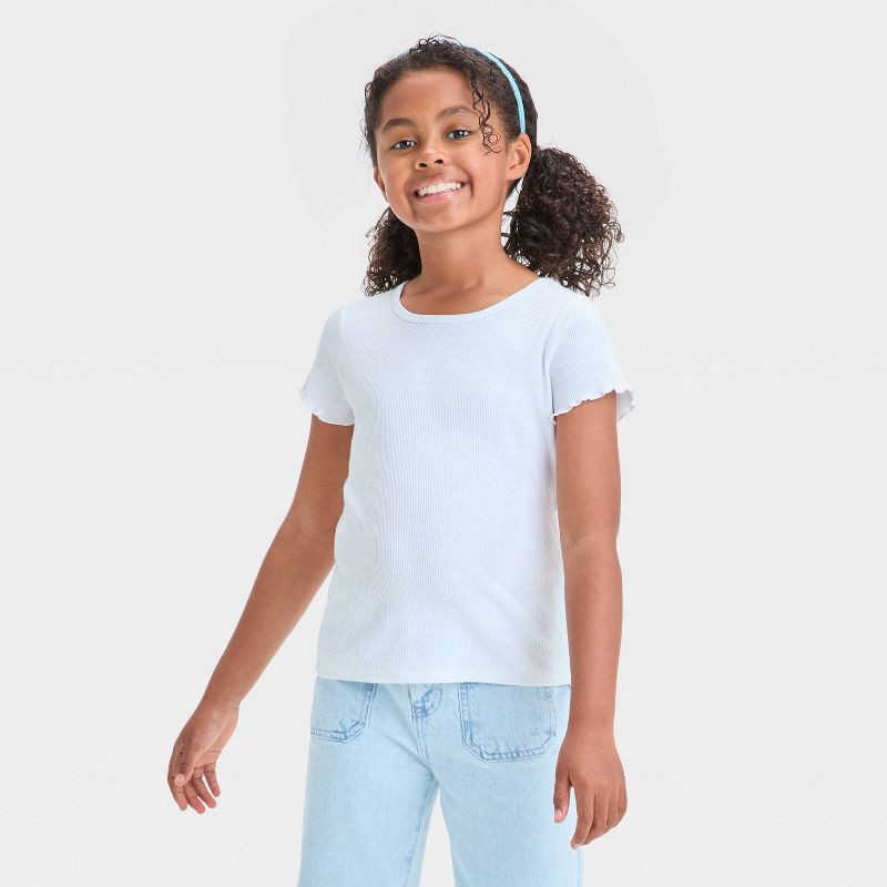 slide 1 of 3, Girls' Short Sleeve Ribbed T-Shirt - Cat & Jack™ White L: Crew Neck, Pullover, 1 ct