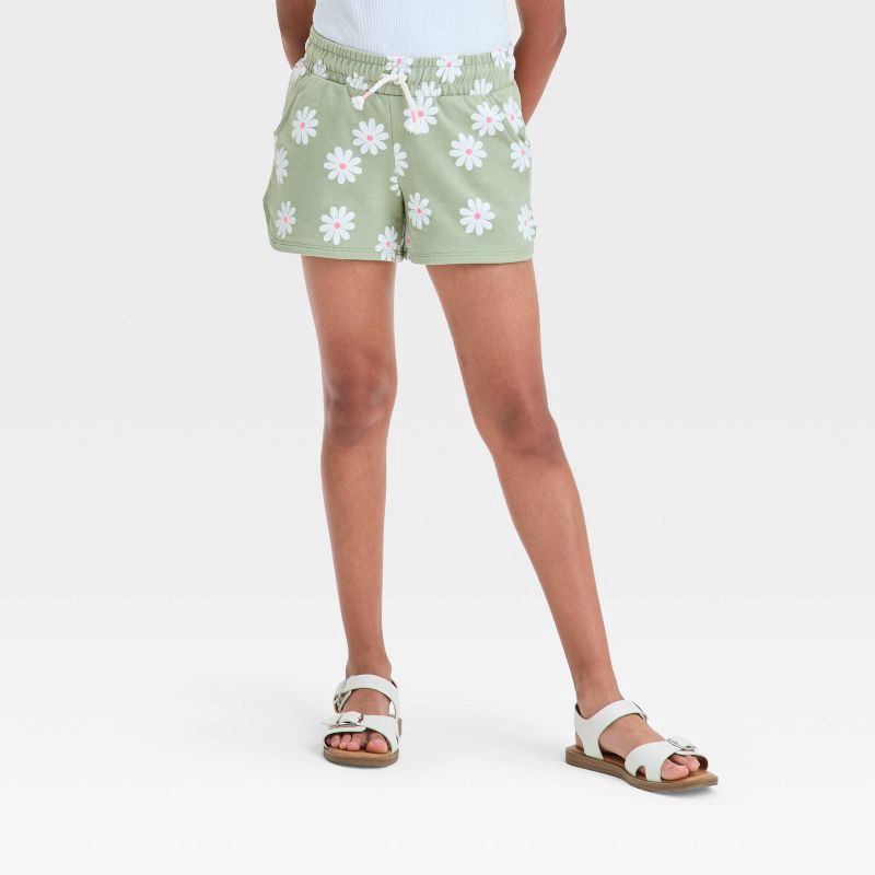 slide 1 of 3, Girls' Knit Pull-On Shorts - Cat & Jack™ Light Olive Green M: Midweight French Terry, Side Pocket, 1 ct