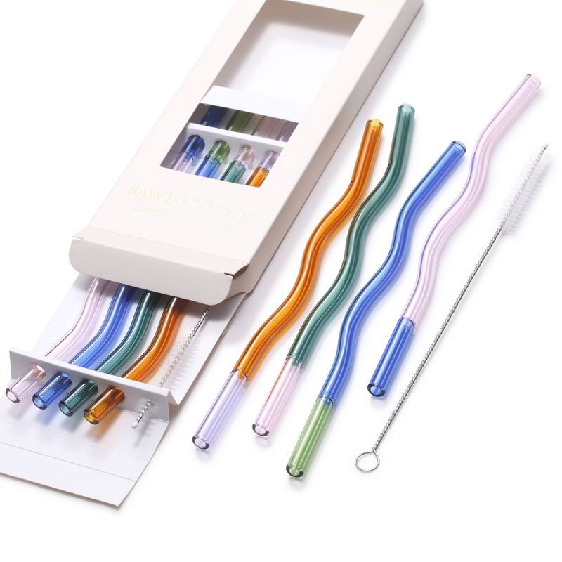 slide 7 of 7, Wit & Delight 4ct Everyday Gifting Reusable Glass Straws with Cleaning Brush, 4 ct