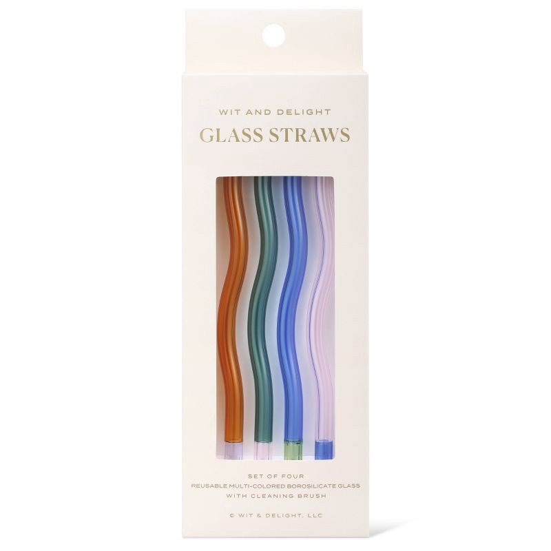 slide 1 of 7, Wit & Delight 4ct Everyday Gifting Reusable Glass Straws with Cleaning Brush, 4 ct