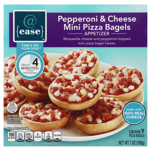 slide 1 of 6, @ease Pepperoni & Cheese Mini Pizza Bagels Mozzarella Cheese And Pepperoni-topped Mini Pizza Bagel Halves Appetizer, 9 ct