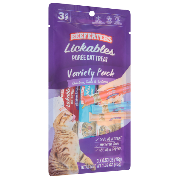 slide 1 of 1, Beefeaters Lickables Puree Chicken, Tuna & Salmon Cat Treat Variety Pack 3 - 0.53 oz Packs, 3 ct