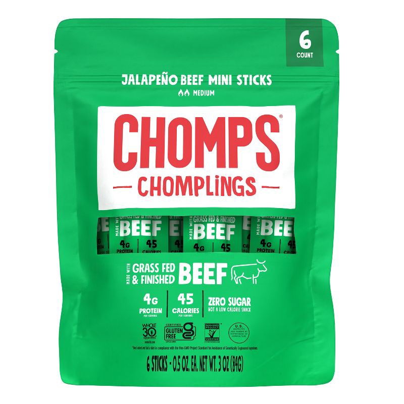slide 1 of 7, Chomps Snack Sticks Chomps Chomplings Jalapeno Beef Mini Sticks - 3oz/6ct, 6 ct; 3 oz