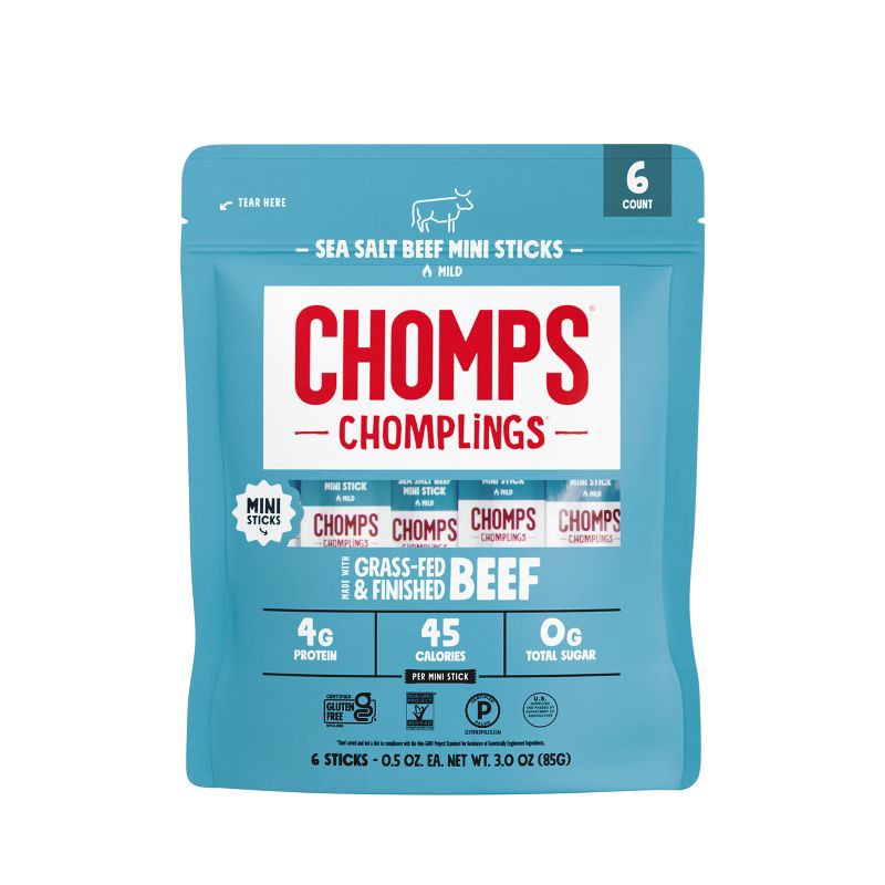 slide 1 of 7, Chomps Snack Sticks Chomps Chomplings Sea Salt Beef Mini Sticks - 3oz/6ct, 6 ct; 3 oz